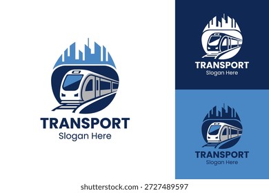 Design moderno do logotipo de transporte com um trem e horizonte da cidade. Ideal para empresas de transporte, serviços de logística, mobilidade urbana, agências de viagens, marcas ferroviárias e identidade corporativa de negócios.