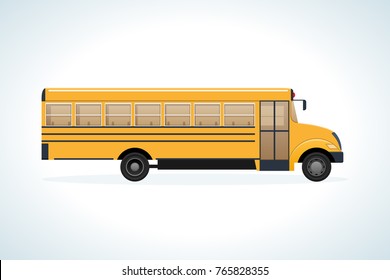 Modern transport machine, side view. Children on school bus. Transport, automobile. Riding on yellow schoolbus transportation education. Education, learning, teaching, knowledge Vector illustration