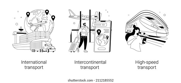 Modern Transportation Abstract Concept Vector Illustration Set. International, Intercontinental And High-speed Transport, Sea Freight, Air Cargo, Plane At Airport, Railway Station Abstract Metaphor.