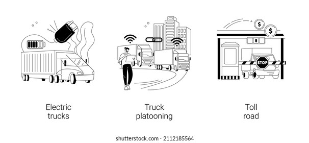 Modern transportation abstract concept vector illustration set. Electric trucks platooning and connectivity, toll road, electric engine, automated highway, motorway entrance pass abstract metaphor.