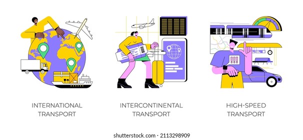 Modern transportation abstract concept vector illustration set. International, intercontinental and high-speed transport, sea freight, air cargo, plane at airport, railway station abstract metaphor.