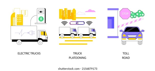 Modern transportation abstract concept vector illustration set. Electric trucks platooning and connectivity, toll road, electric engine, automated highway, motorway entrance pass abstract metaphor.