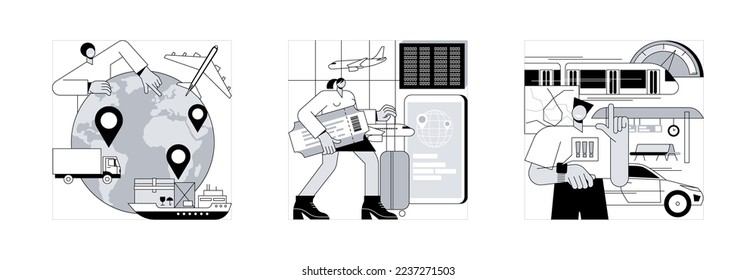 Conjunto de ilustración vectorial de concepto abstracto de transporte moderno. Transporte internacional, intercontinental y de alta velocidad, transporte marítimo, carga aérea, avión en aeropuerto, metáfora abstracta de la estación ferroviaria.