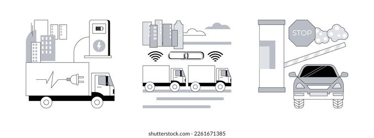 Modern transportation abstract concept vector illustration set. Electric trucks platooning and connectivity, toll road, electric engine, automated highway, motorway entrance pass abstract metaphor.