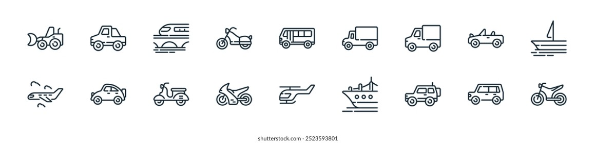 pacote de ícone de transporte moderno. perfeito para projetos de ui lineares com motocross vetorial, carro, , navio, helicóptero, motocicleta, scooter e mais ícones para aplicativos móveis e web.