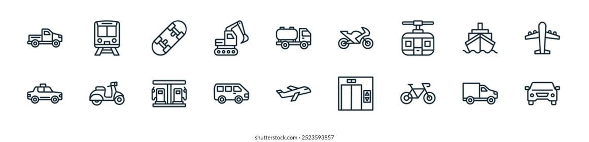 Perfecto para diseños de interfaz de usuario lineal que presentan automóviles de Vector, camiones, bicicletas, ascensores, aviones, furgonetas, estaciones de servicio y más iconos para App móviles y de Web.