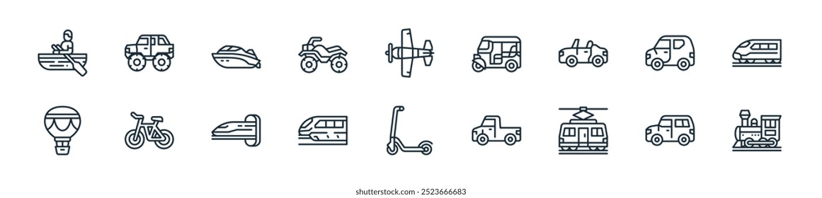 pacote de ícone de transporte moderno. perfeito para projetos de ui lineares com locomotiva a vapor vetorial, suv, bonde, pickup truck, kick scooter, monotrilho, hyperloop e mais ícones para aplicativos móveis e web.