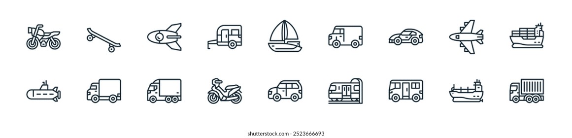 pacote de ícone de transporte moderno. perfeito para projetos de ui lineares com caminhão contêiner vetor, petroleiro, ônibus, metrô, cuv, motocicleta, caminhão de entrega e mais ícones para aplicativos móveis e da web.