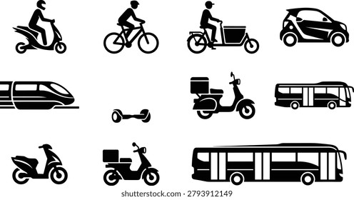 Modern Transportation Icon Set Featuring Scooter, Bicycle, Cargo Bike, Car, Train, Hoverboard, Delivery Scooter, and Bus