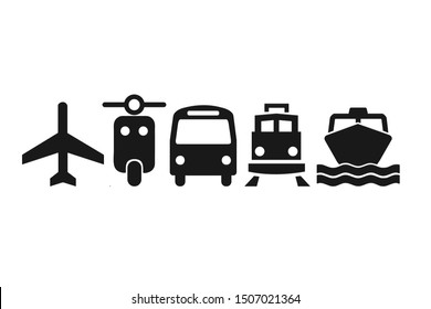 Modern transportation icon set vector isolated, airplane, scooter, bus, train and water boat icon