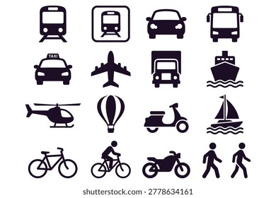 Modern transportation icons set featuring diverse vehicles including train subway bus car taxi truck airplane ship helicopter hotairballoon scooter sailboat bicycle motorcycle pedestrians minimalist black