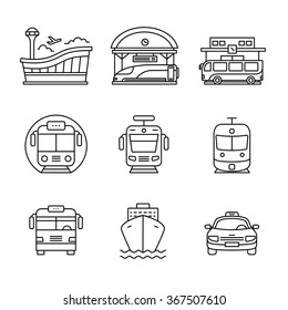 Modern transportation and urban infrastructure set. Road, rail and water city transportation stations signs. Thin line art icons. Linear style illustrations isolated on white.