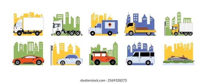 Modern transportation used to transport goods and for personal use, tracks, vans, private cars, yachts, city vehicle concept, vector illustration.