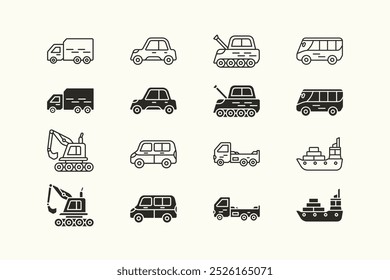 Modern transportation and vehicle icon set design with outline stroke and solid color variation