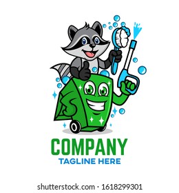 Modern Trash can with raccoon logo. Vector illustration.