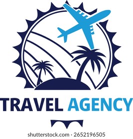 Modern travel agency logo featuring a blue airplane flying over palm trees on a tropical island within a sunburst emblem with the words travel agency below isolated on transparent background