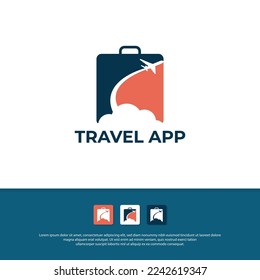 Modern Travel App logo design vector, illustration of travel bag, cloud and airplane silhouette icon mobile template