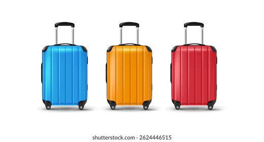design conjunto de bagagem de viagem moderno isolado no fundo branco. azul, amarelo e vermelho verão viagem bagagem clip arte vetor ilustração.