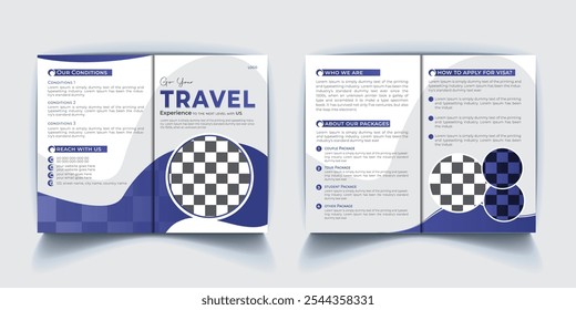  Modern Travel Bifold Brochure Template. Professional A4 Size Print Ready Holiday and Vacation Magazine Design Layout Vector. Tour, Tourism, Tour Agency, Traveler, Business, Marketing, and Promotion.