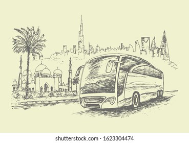 Modern travel bus quickly moving on highway crossing Arabic countries and its popular travel spots. Hand drawn, sketch style,vector, illustration
