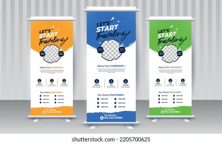 Modern Travel business agency standee x rollup pullup retractable signage banner design yellow blue green color vector template