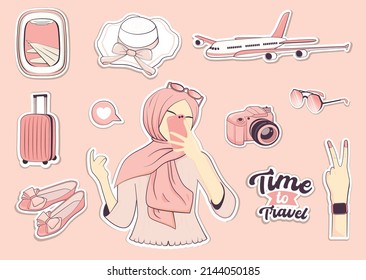 Modern Travel Elements Stickers Set With Young Muslim Woman Taking Selfie Photo