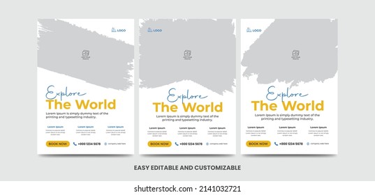 Modern travel flyer or poster design template bundle. Editable tour poster template with brush stroke set