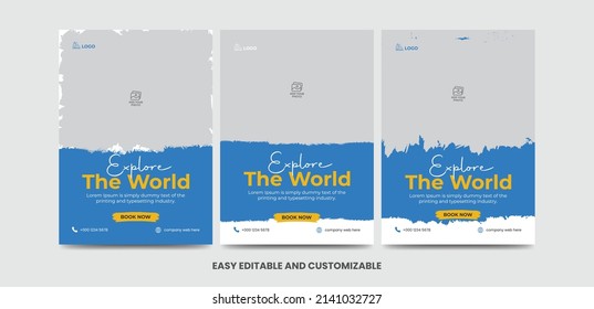 Modern travel flyer or poster design template bundle. Editable tour poster template with brush stroke set