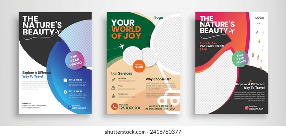 Modern travel flyer or poster design template bundle. Editable tour poster template.
