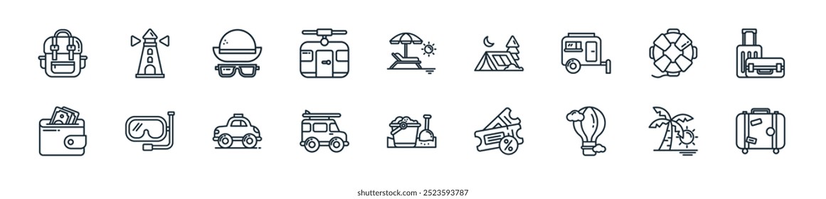 Perfecto para diseños de interfaz de usuario lineal con equipaje de Vector, palmera, globo aerostático, boleto, cubo de arena, camioneta, taxi y más iconos para App móviles y de Web.