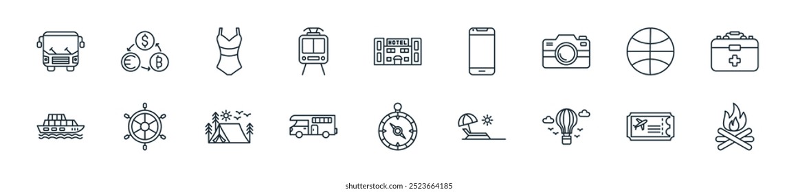 Perfecto para diseños de interfaz de usuario lineal con hoguera de Vector, boleto de avión, globo aerostático, playa, brújula, caravana, tienda de campaña y más iconos para App móviles y de Web.