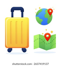 Modern travel icon set - suitcase, world map and location. Vector illustration