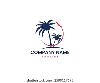 logotipo de viagem moderno, avião, palma, praia.