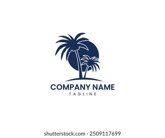 modern travel logo, airplane, palm, beach.