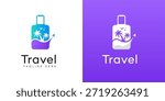 Modern travel logo design featuring a stylized suitcase with palm trees, a wave, birds, and an ascending paper airplane element. Ideal for vacation agencies and tourism businesses.