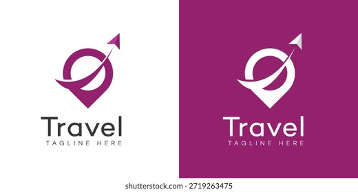 Logotipo de viaje moderno con un icono de pin de mapa combinado con un avión o flecha de papel que vuela hacia arriba, que simboliza la navegación, el viaje y el destino. Ideal para agencias y aplicaciones.