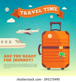 Modern travel luggage poster with airplanes balloons and motivational slogan on the sky background  vector illustration