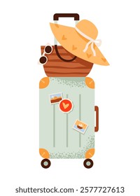 Modern travel luggage, suitcase, bag, and hat. Flat vector illustration a packed suitcase with travel essentials and accessories.