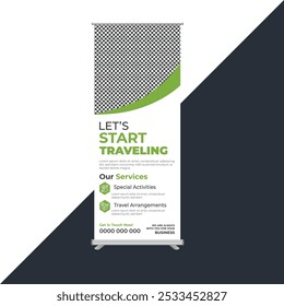 Modern travel rollup banner design template for business, agency.layer organized multipurpose use retractable outdoor pullup