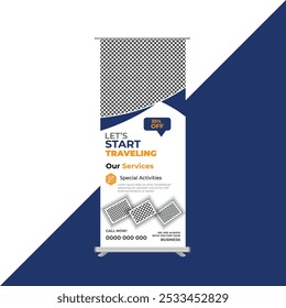 Modern travel rollup banner design template for business, agency.layer organized multipurpose use retractable outdoor pullup