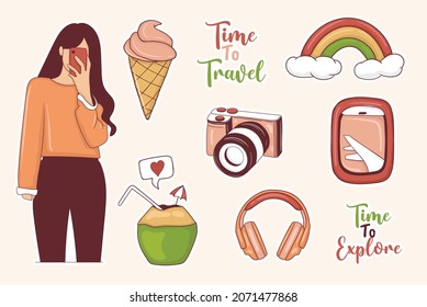 Modern Travel Stickers Set with girl and some elements