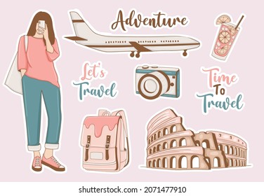 Modern Travel Stickers Set with girl and some elements