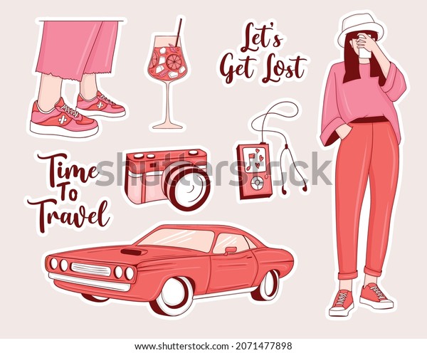 Modern\
Travel Stickers Set with girl and some\
elements
