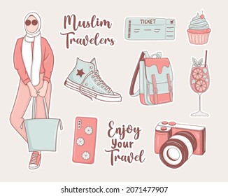 Modern Travel Stickers Set with muslim girl and some elements