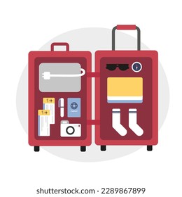 Modern travel suitcase with passport, gadgets, tickets and socks. Preparation for next trip. Time for travel abroad. Getting ready for adventure. Vector