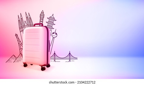 Modern travel suitcase with world sights silhouettes. 3d vector banner with copy space