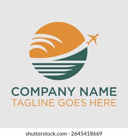 A modern travel and tourism logo featuring a sun, waves, and airplane icon. Perfect for travel agencies, flight booking services, vacation brands, tourism websites, and summer tour companies. 
