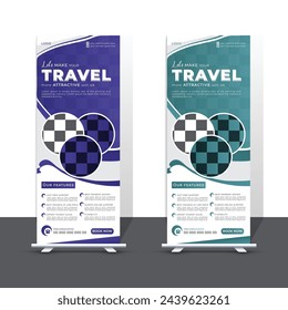 Plantilla moderna de banner de viaje y turismo Roll Up. Soporte profesional Diseño de banner. Standee, publicidad, exhibición, vector, comercialización, agencia de viajes, agencia, recorrido, viajero, vacaciones, vacaciones.