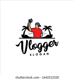 Modern traveller vlog logo silhouette editable EPS vector files. For adventure, outdoor, travel agency, video blog. Vintage hipster. Apply to web site, social media and post trend, mobile phone apps