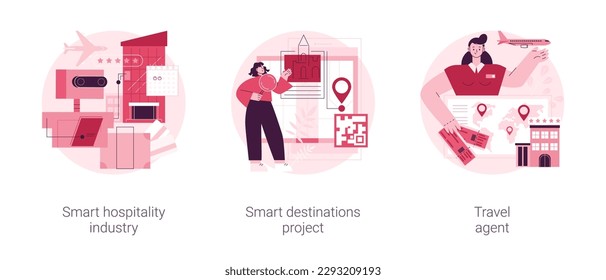 Modernes, abstraktes Konzept, Vektorgrafik-Set für Reisen. Intelligente Hotellerie, multimediale Stadtanhänger, digitales Destinationsprojekt, Reisebüro, Online-Buchung abstrakter Metapher.